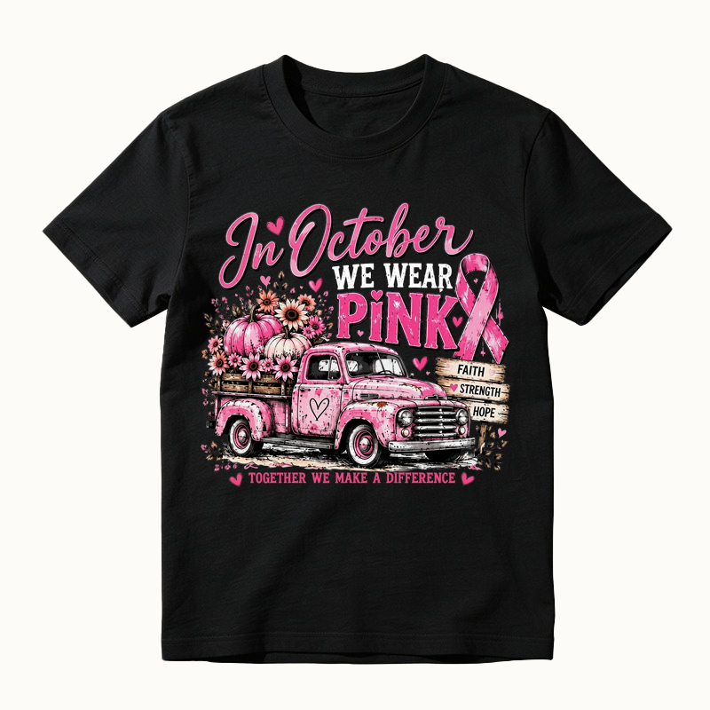 Women's Breast Cancer Awareness Graphic T-Shirt, Pink Ribbon Vintage Truck with Pumpkins and Fall Floral Print Shirt