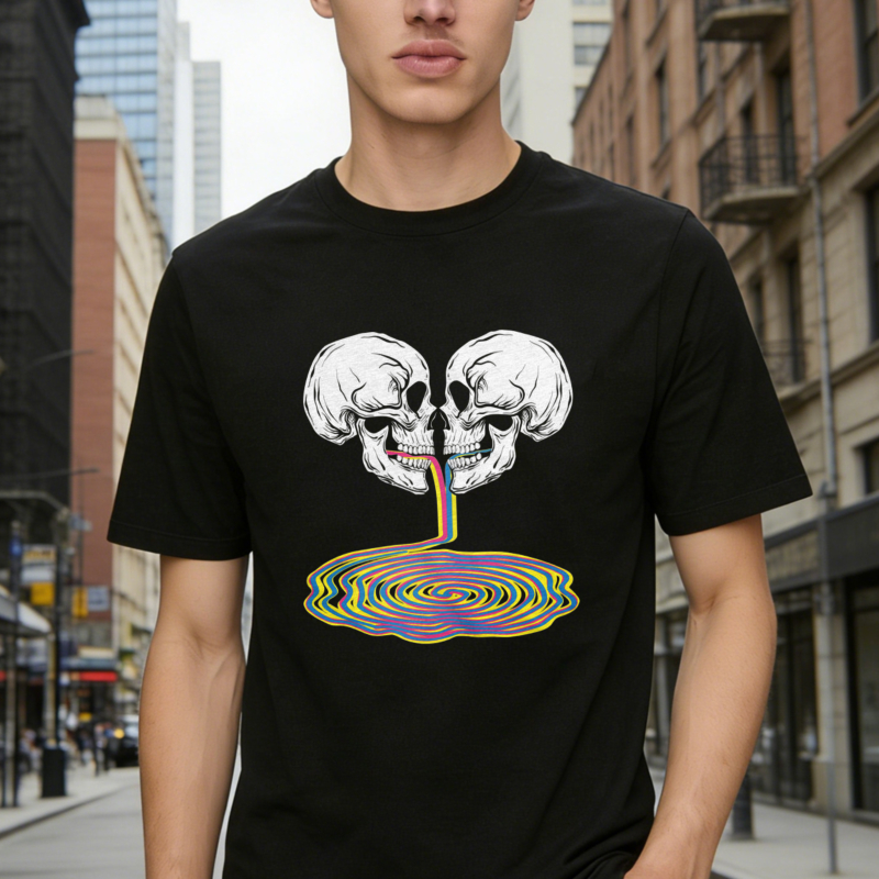 Two Skulls Kissing With Rainbow Vomit Psychedelic Spiral Graphic T-shirt