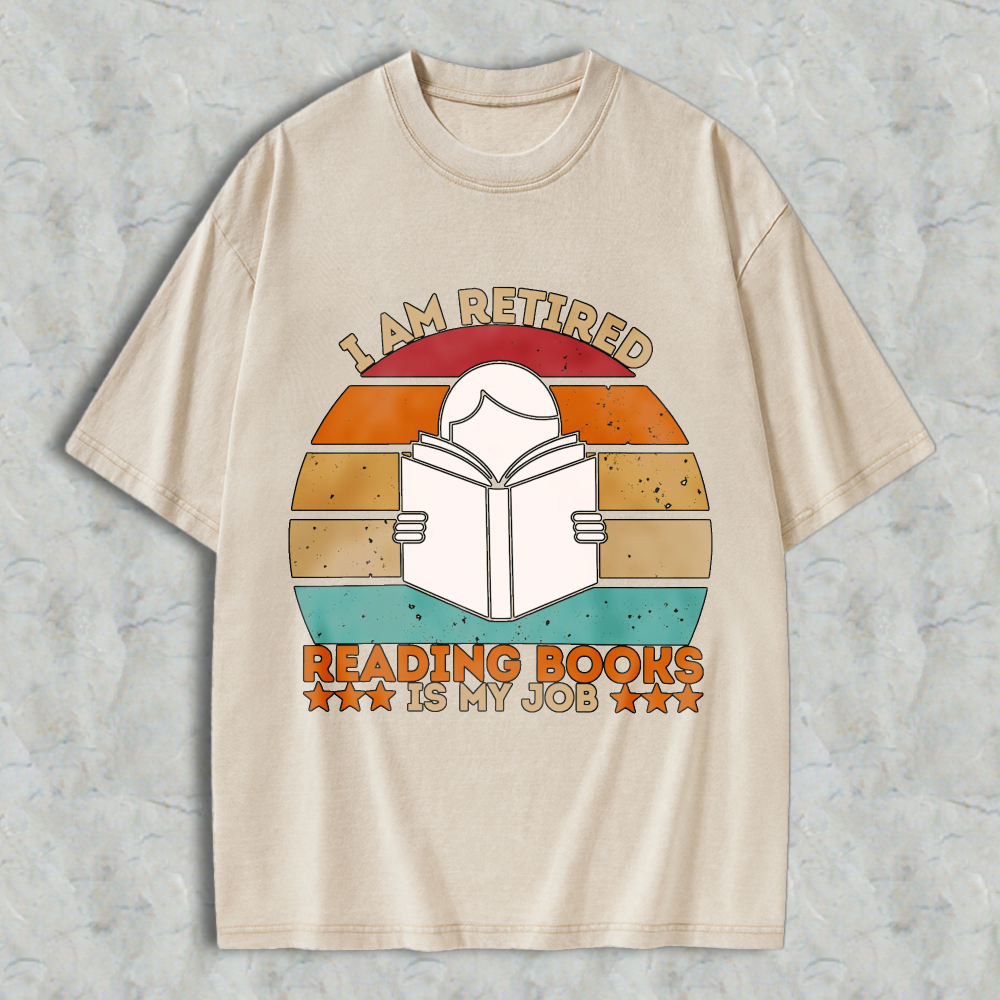 Wardrobecart I Am Retired Reading Books Is My Job Vintage Sunburst Design Unisex Washed T-shirt