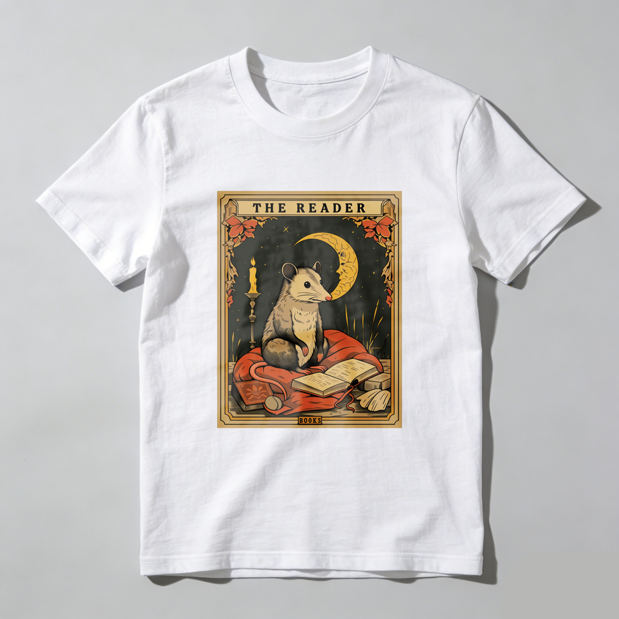 Wardrobecart The Reader Mouse Book Moon Candle Leaves Tshirt
