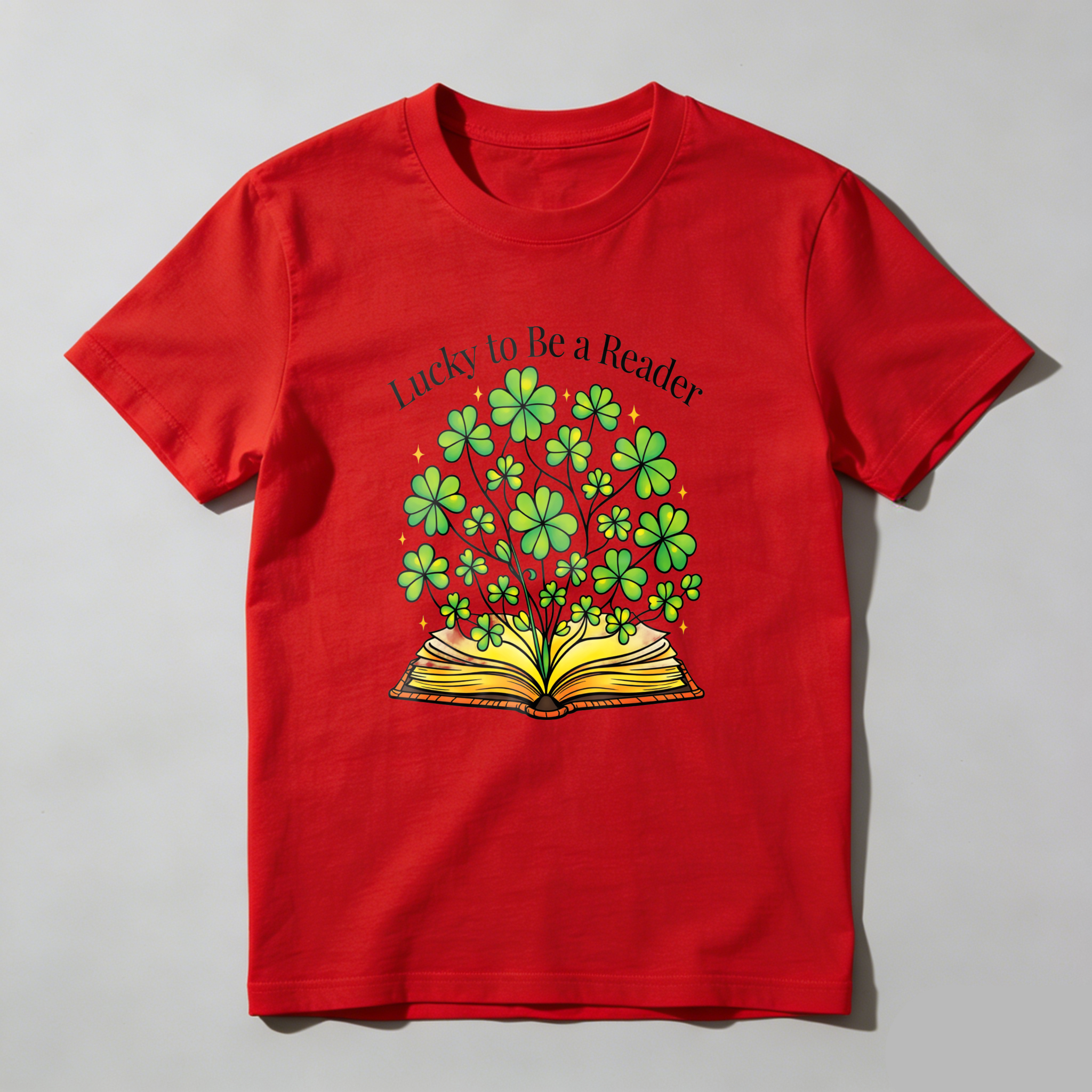 Wardrobecart Lucky To Be A Reader Book With Clovers tshirt