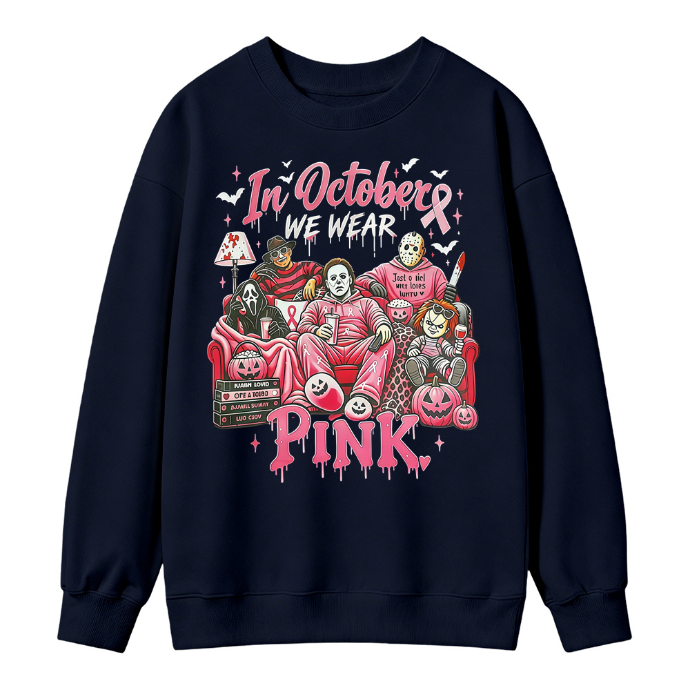 In October We Wear Pink Horror Movie Characters Print Breast Cancer Awareness Graphic Sweatshirt