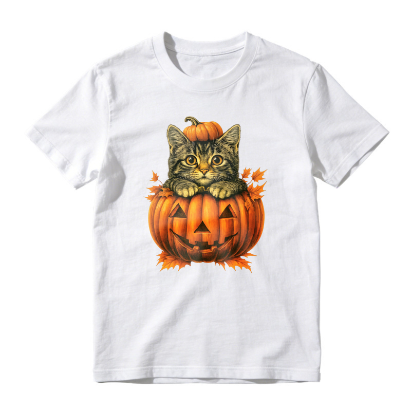 Cute Tabby Cat In Carved Halloween Pumpkin With Autumn Leaves, Unisex Classic T-shirt
