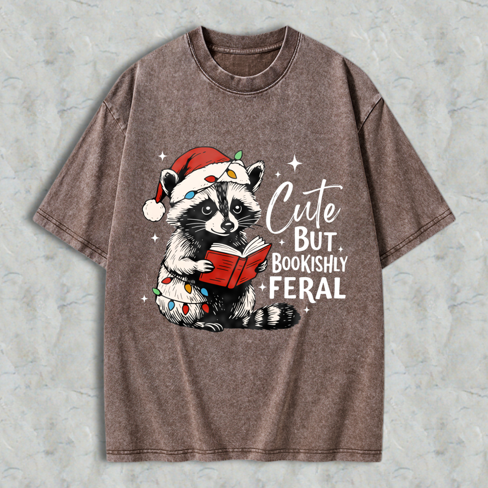 Wardrobecart Cute But Bookishly Feral Raccoon Reading Christmas Book Unisex Washed T-shirt