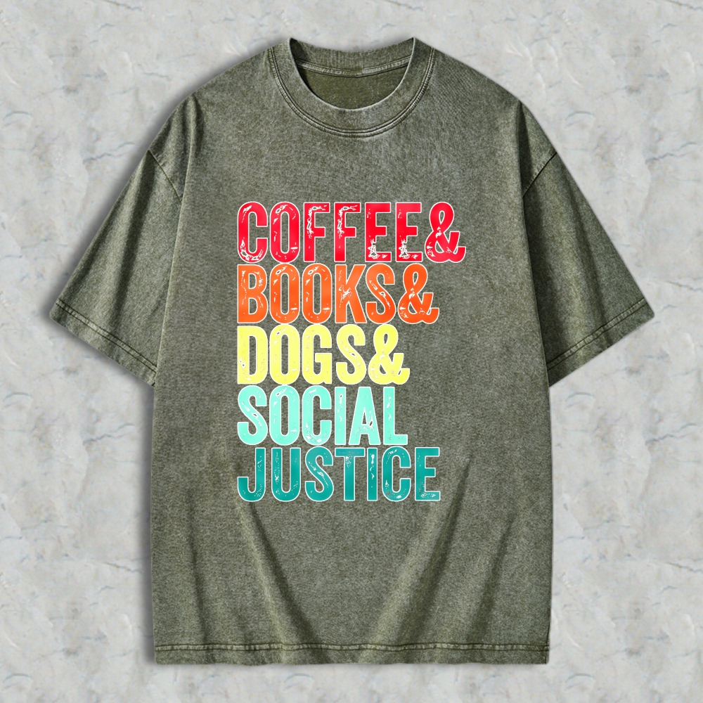 Wardrobecart Coffee Books Dogs Social Justice Unisex Washed T-shirt