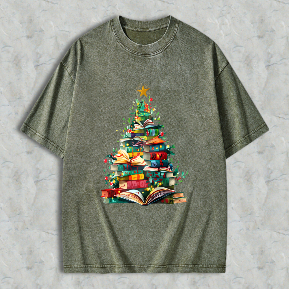 Wardrobecart Christmas Tree Made Of Books Unisex Washed T-shirt