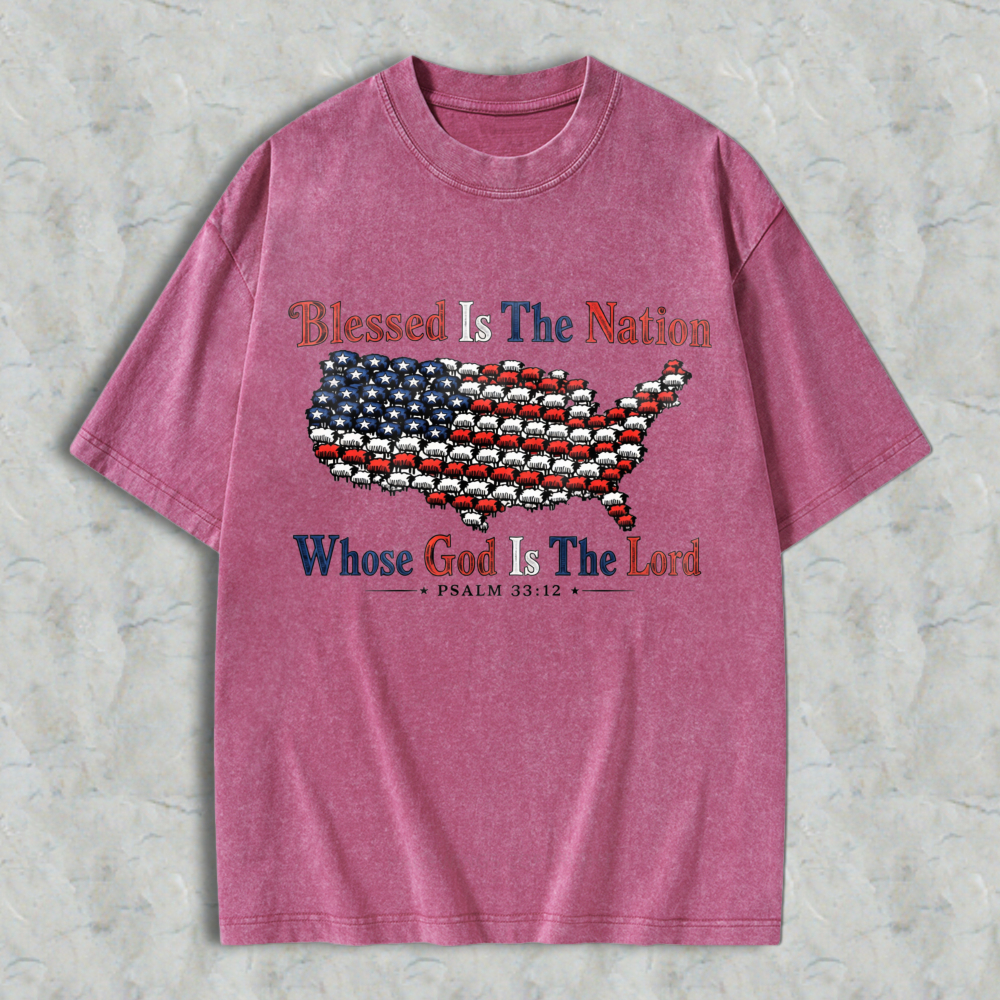Blessed Is The Nation Whose God Is The Lord American Flag Map Design Washed T-shirt