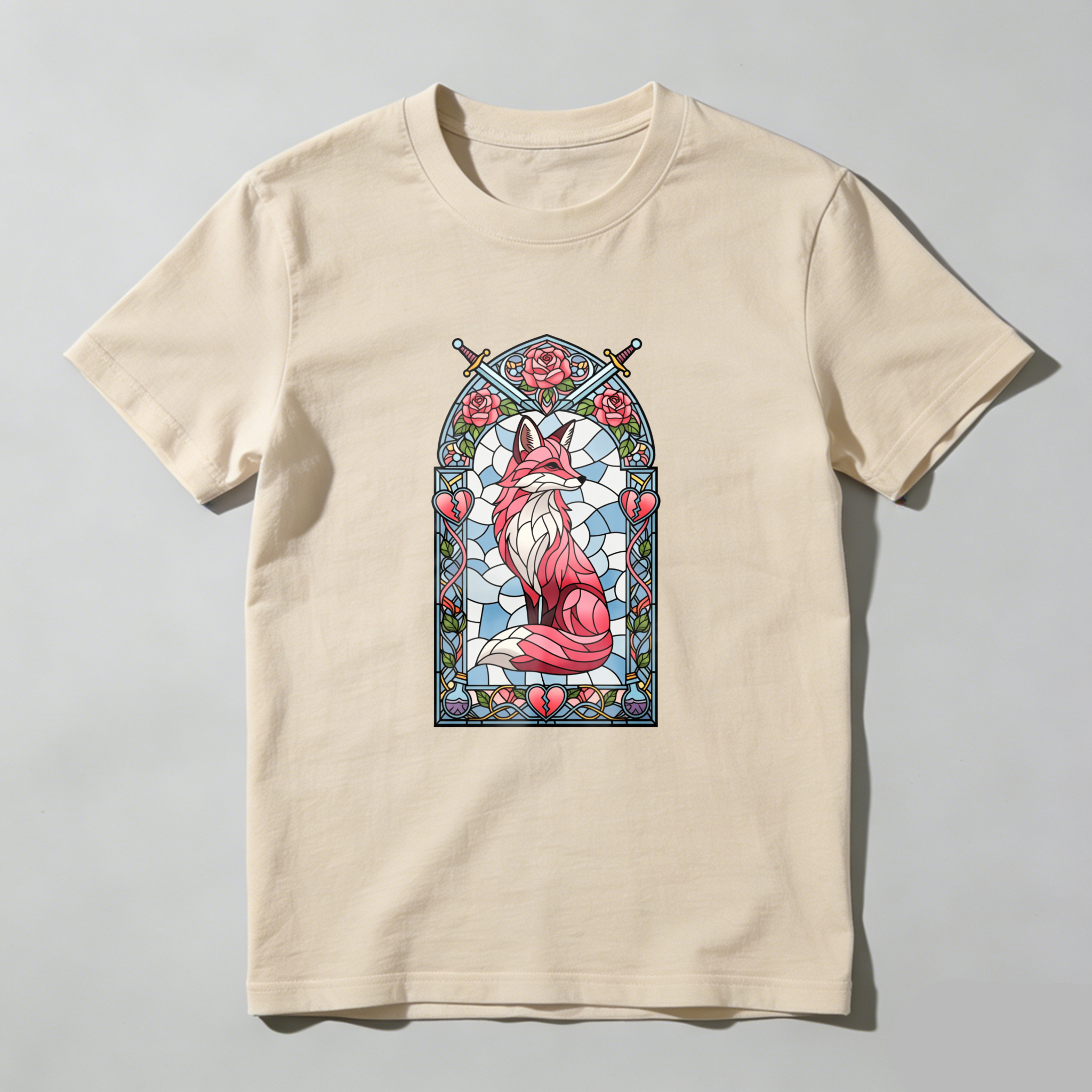 Wardrobecart Stained Glass Fox With Roses And Heart Tshirt