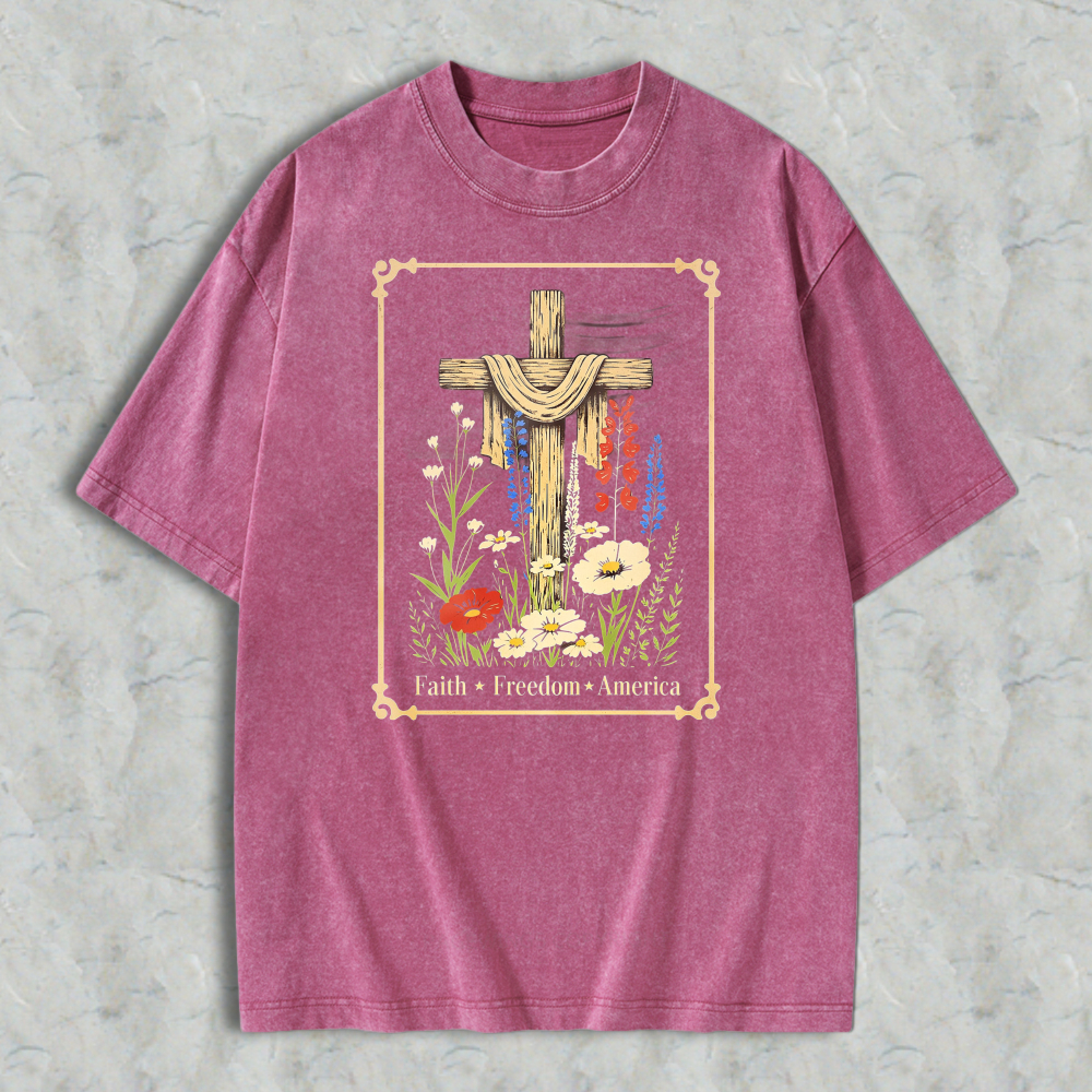 Cross With Flowers And Text Faith Freedom America Washed T-shirt