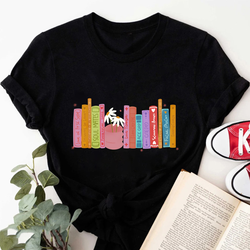 Wardrobecart Colorful Bookshelf With Potted Plant Tshirt