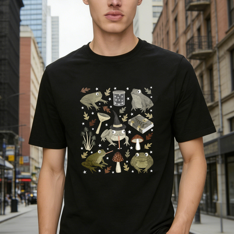 Witchy Frogs And Mushrooms Magical Forest Pattern, Unisex Classic T-shirt
