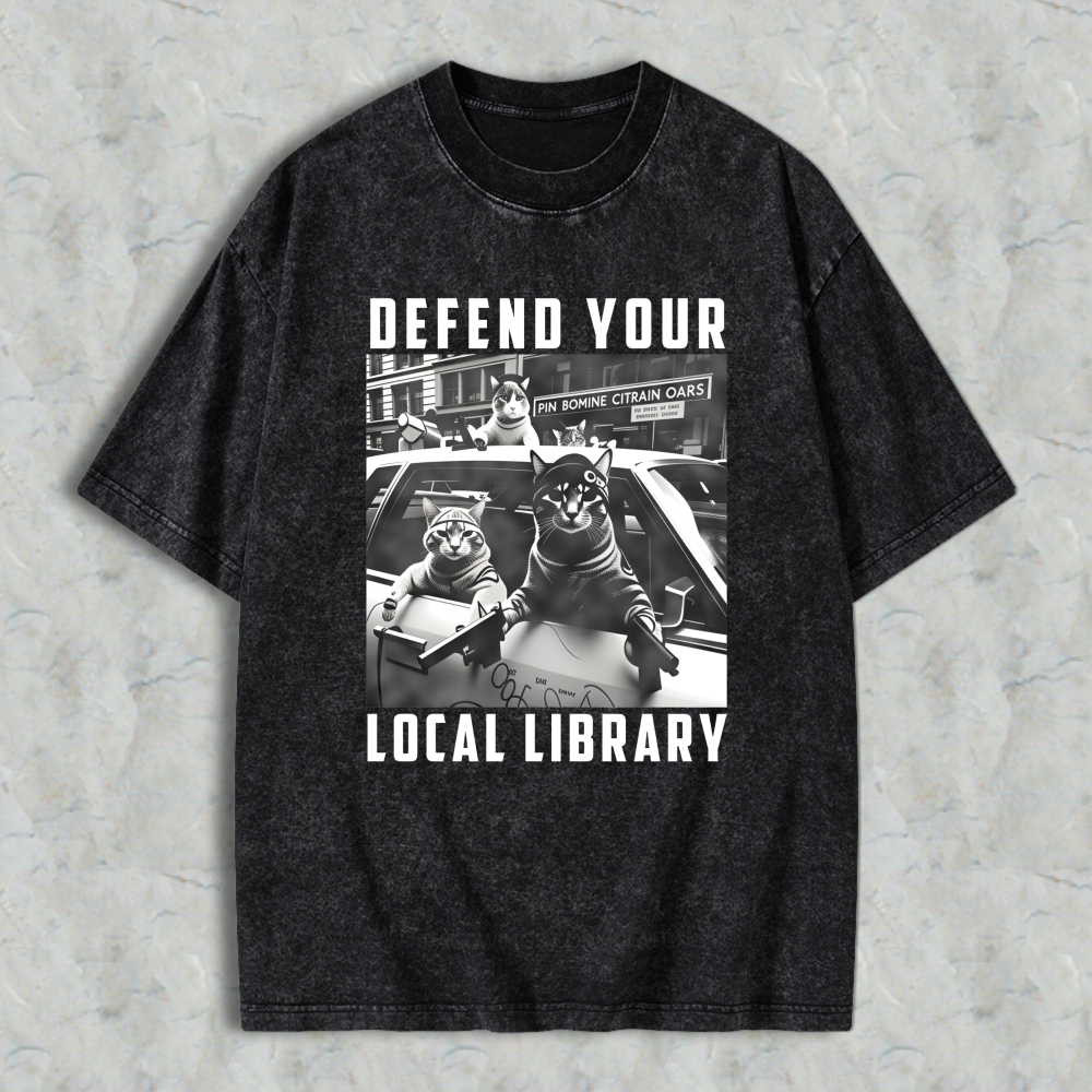 Wardrobecart Cats In Car Defend Your Local Library Unisex Washed T-shirt