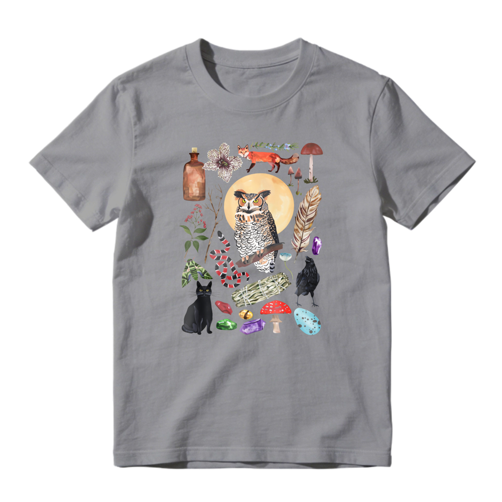 Owl Moon Forest Animals Mushrooms Crystals Vintage Collage, Unisex Classic T-shirt