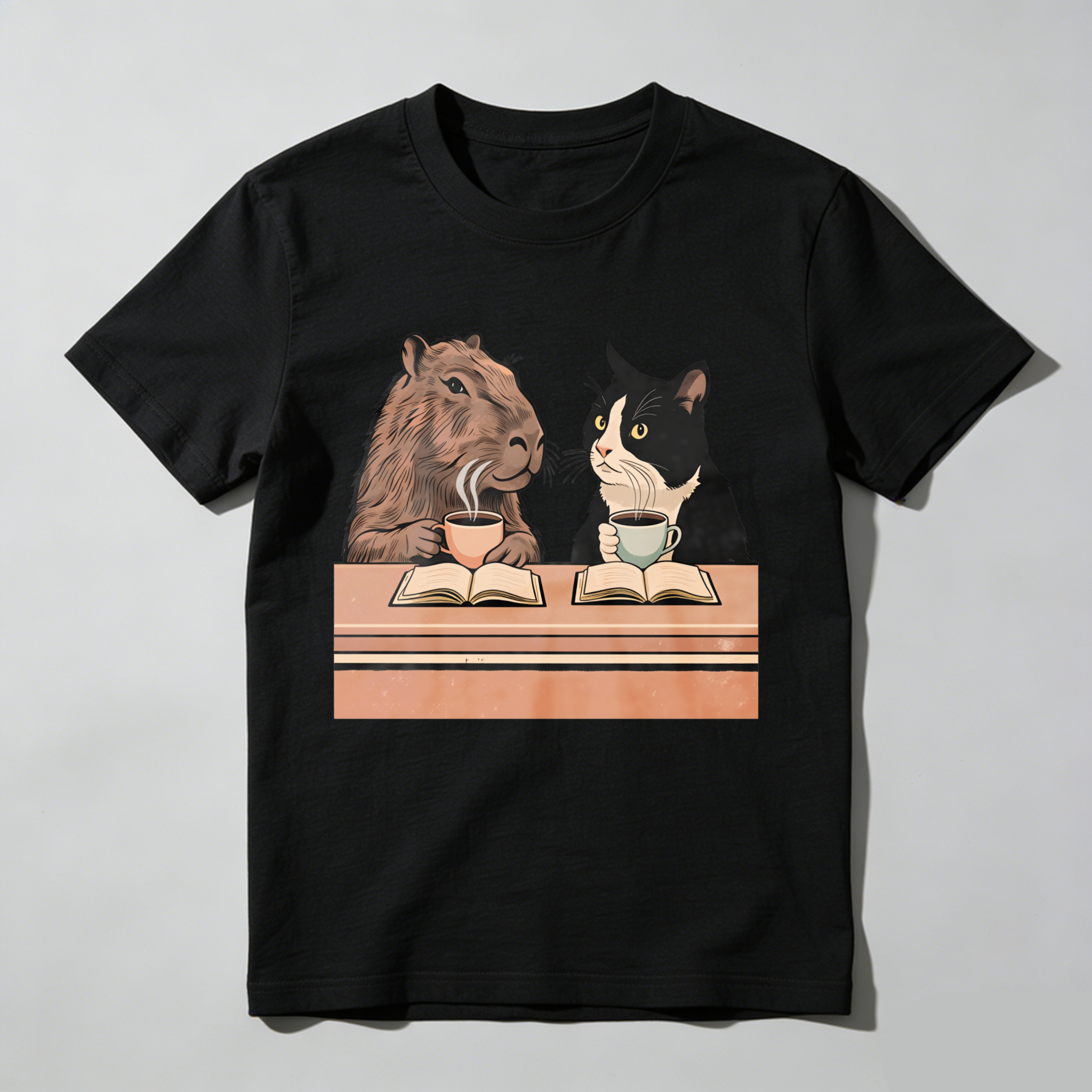 Wardrobecart Capybara And Cat Reading Books With Tea Tshirt