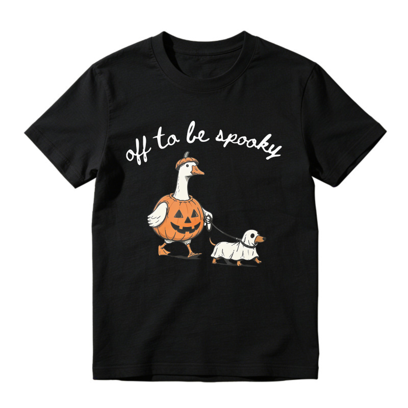 Duck In Pumpkin Costume Walking Dog Off To Be Spooky, Unisex Classic T-shirt