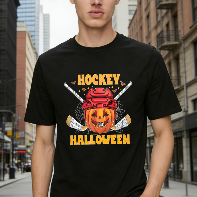 Hockey Halloween Pumpkin Goalie Mask Crossed Sticks Unisex Classic T-shirt
