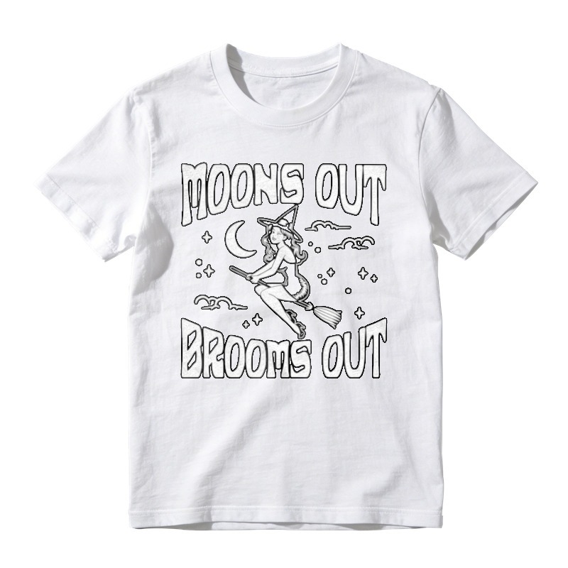 Moons Out Brooms Out Witch Flying On Broomstick Halloween Graphic T-shirt