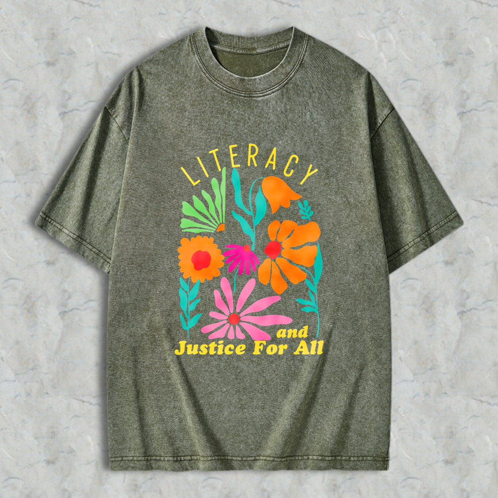 Wardrobecart Literacy And Justice For All Floral Design Unisex Washed T-shirt