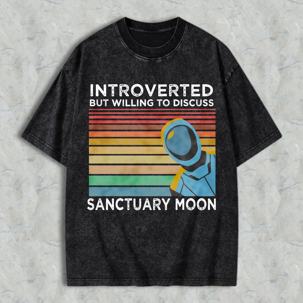 Wardrobecart Introverted But Willing To Discuss Sanctuary Moon Astronaut Vintage Rainbow Design Unisex Washed T-shirt