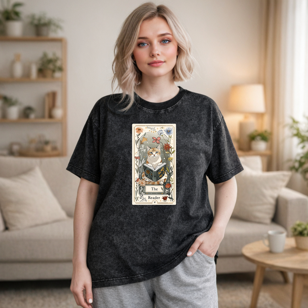 Wardrobecart Cat Reading Book Floral Tarot Card Design Unisex Washed T-shirt