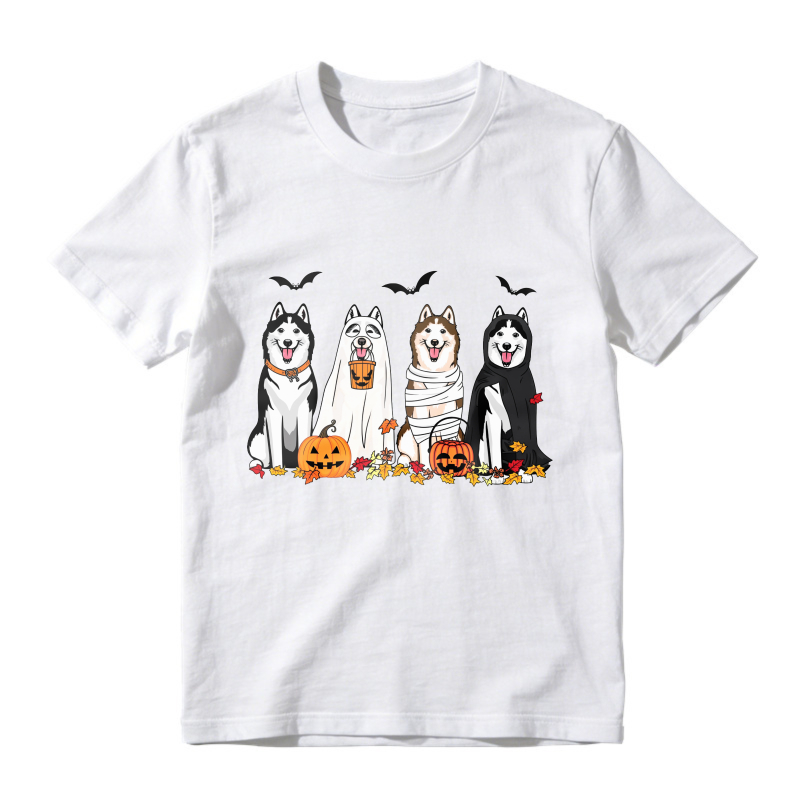 Halloween Husky Dogs In Costumes With Pumpkins And Bats, Unisex Classic T-shirt