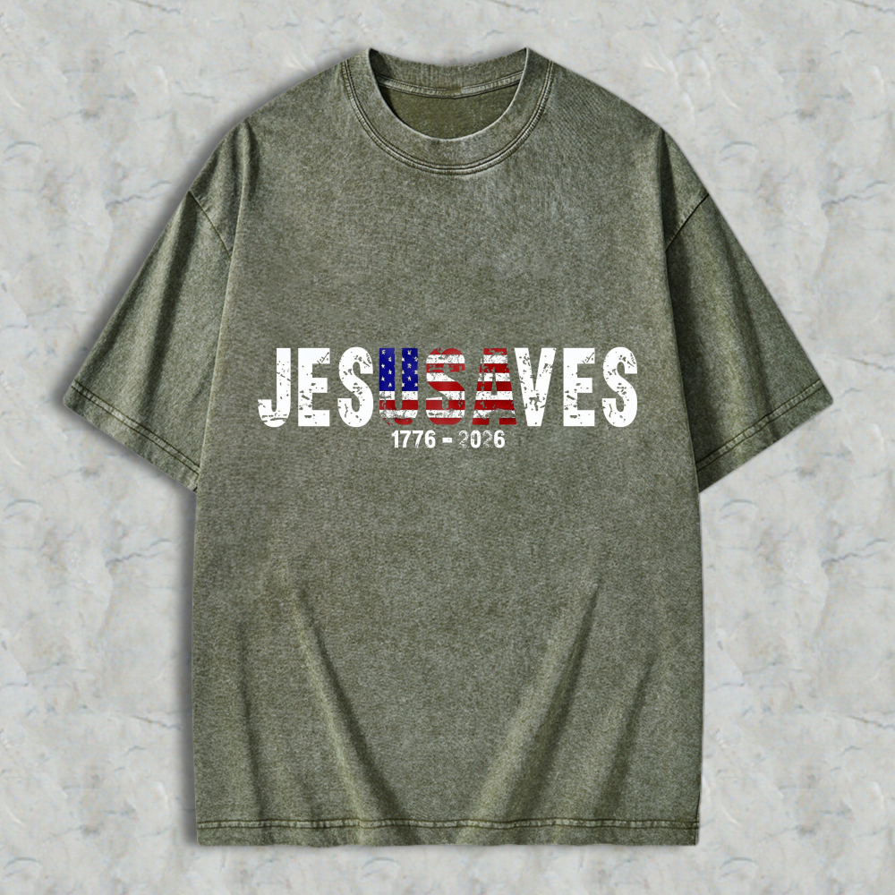 Jesus Saves American Flag Design 1776 2026 Washed T-shirt