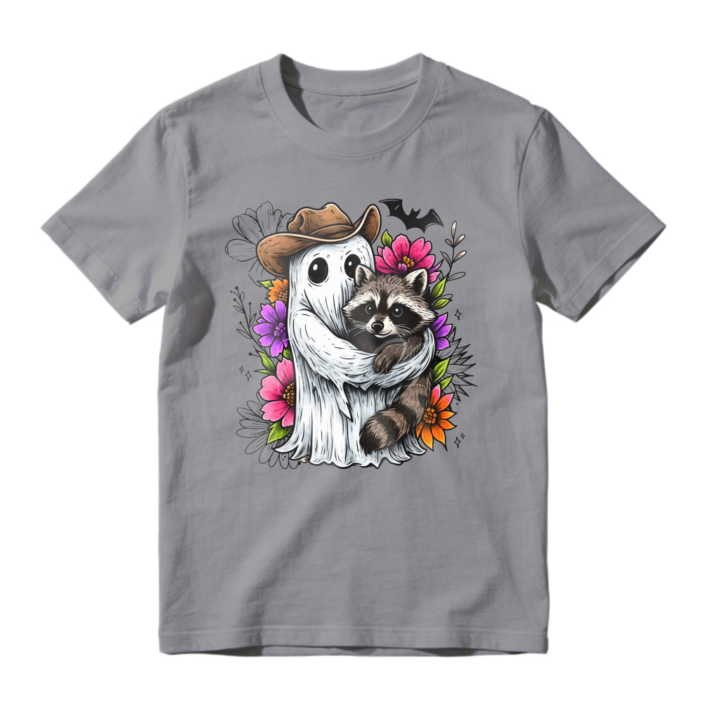 Cute Ghost Wearing Cowboy Hat Hugging Raccoon With Colorful Flowers And Bat, Unisex Classic T-shirt