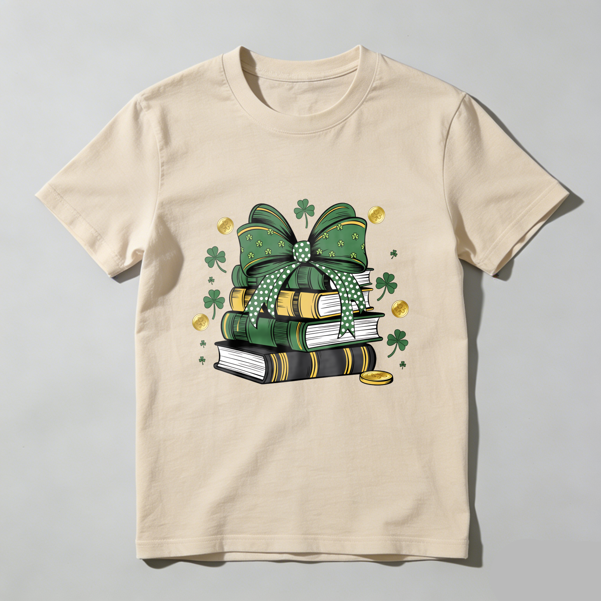 Wardrobecart Green Bow Books Clover Gold Coins tshirt