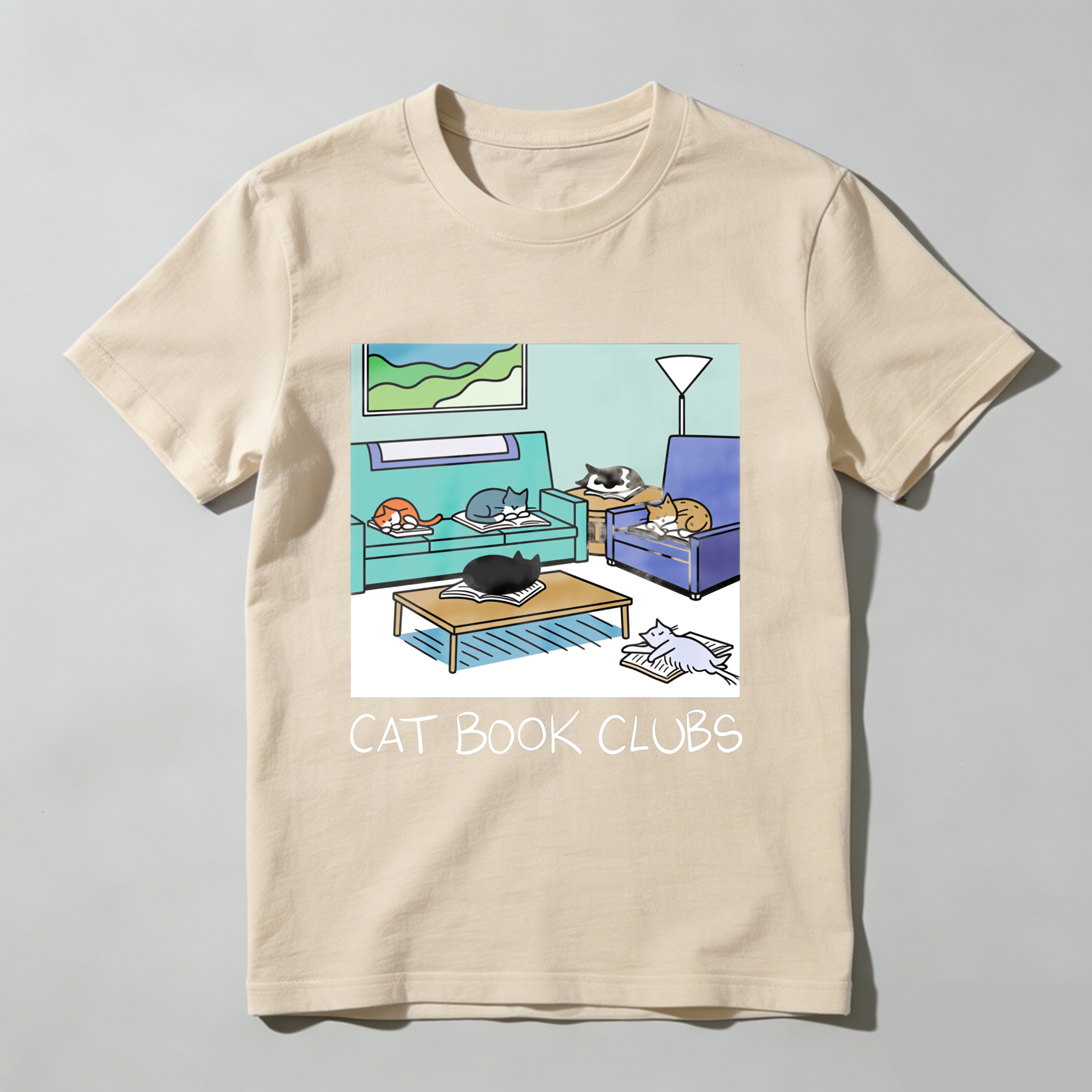 Wardrobecart Cat Book Clubs Cozy Living Room Scene Tshirt