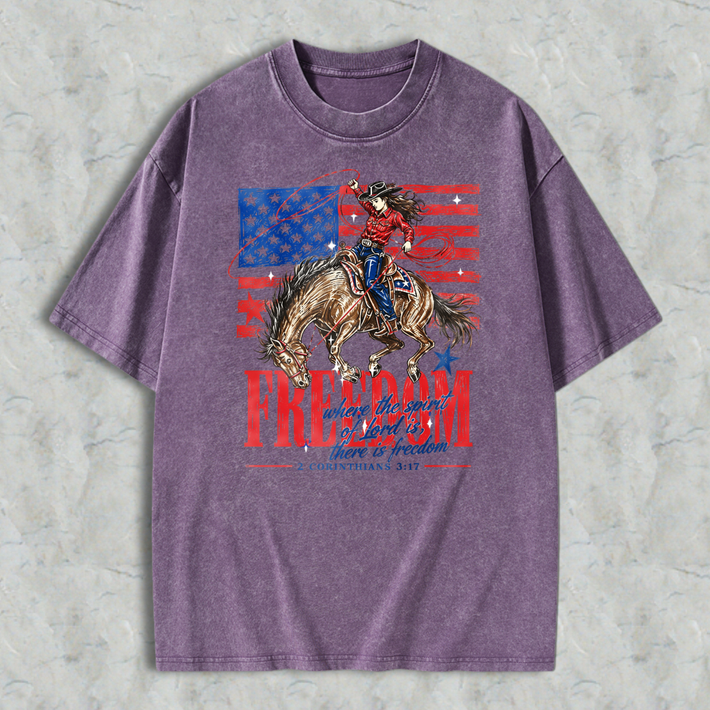 American Flag Cowboy Riding Horse Freedom Washed T-shirt