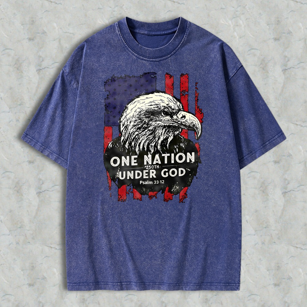 Eagle And American Flag With One Nation Under God Text Washed T-shirt
