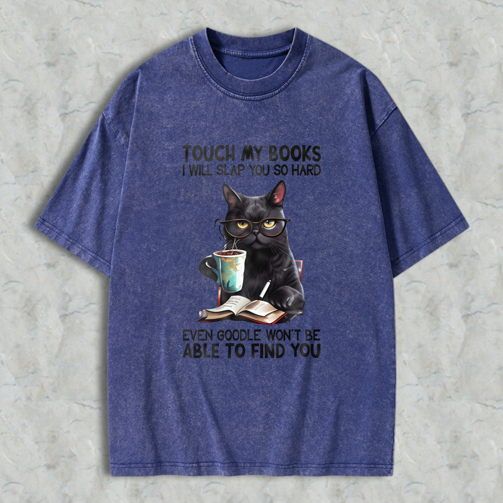 Wardrobecart Cat With Glasses Reading Book And Coffee Unisex Washed T-shirt