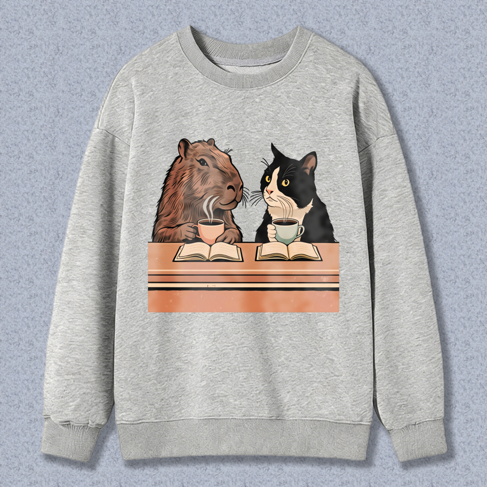 Wardrobecart Capybara And Cat Reading Books With Tea Unisex Classic Sweatshirt