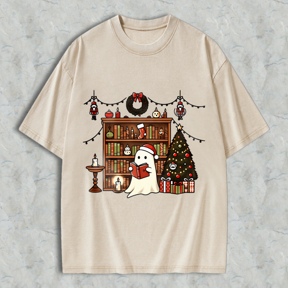 Wardrobecart Ghost Reading Book Christmas Tree Bookshelf Decor Unisex Washed T-shirt