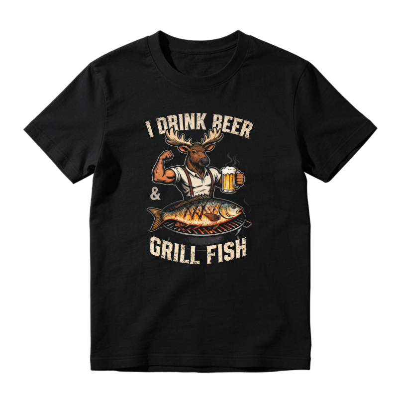 I Drink Beer And Grill Fish Moose With Beer Mug And Grilled Fish Unisex Classic T-shirt