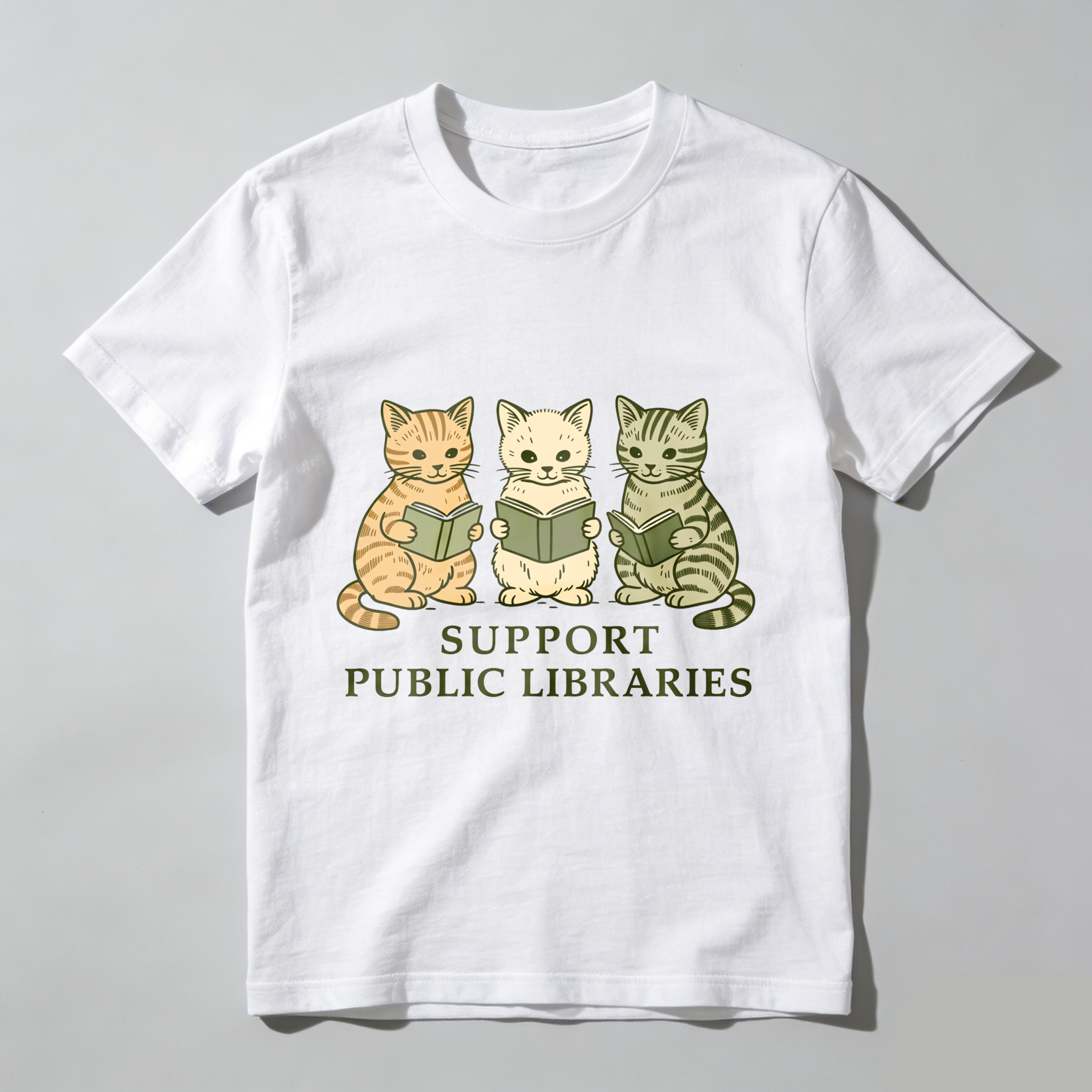 Wardrobecart Three Cats Reading Books Support Public Libraries Tshirt