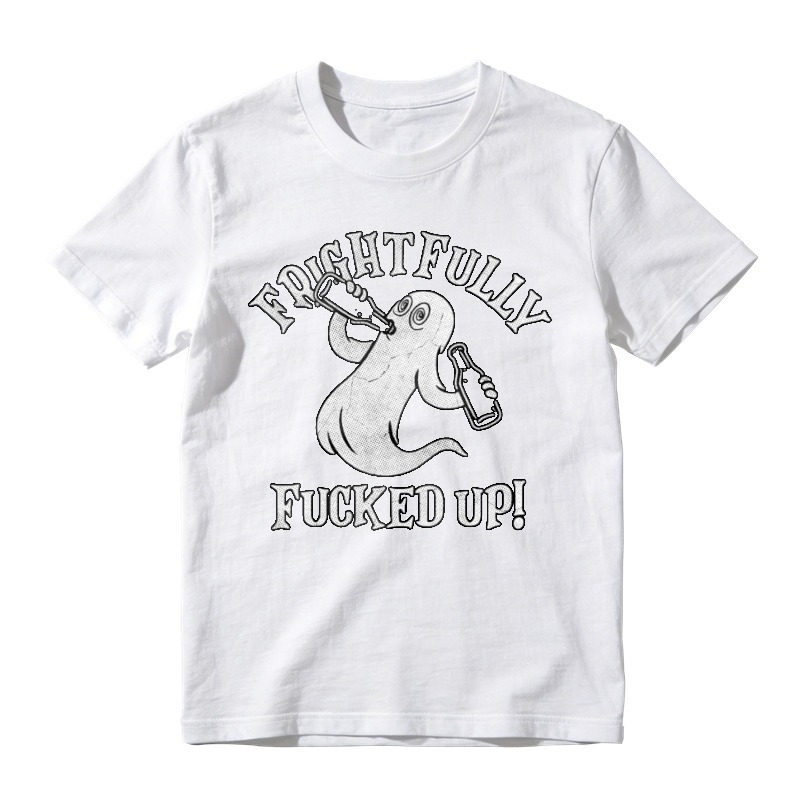 Frightfully Messed Up Ghost Holding Bottles Funny Halloween Graphic T-shirt