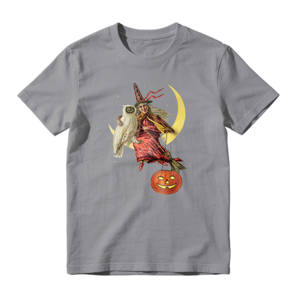 Witch Flying On Broomstick With Owl And Pumpkin Moon Halloween Unisex Classic T-shirt