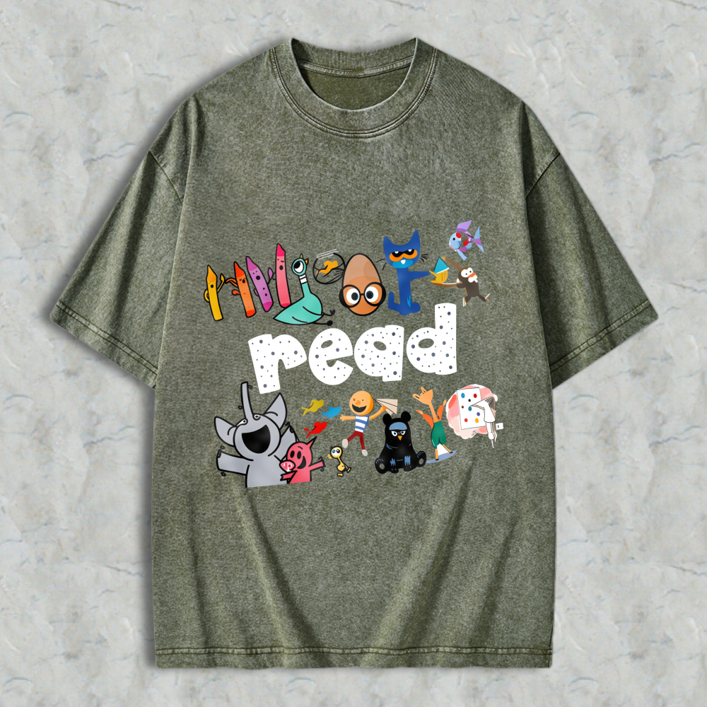 Wardrobecart Cartoon Characters And Crayons Read Unisex Washed T-shirt