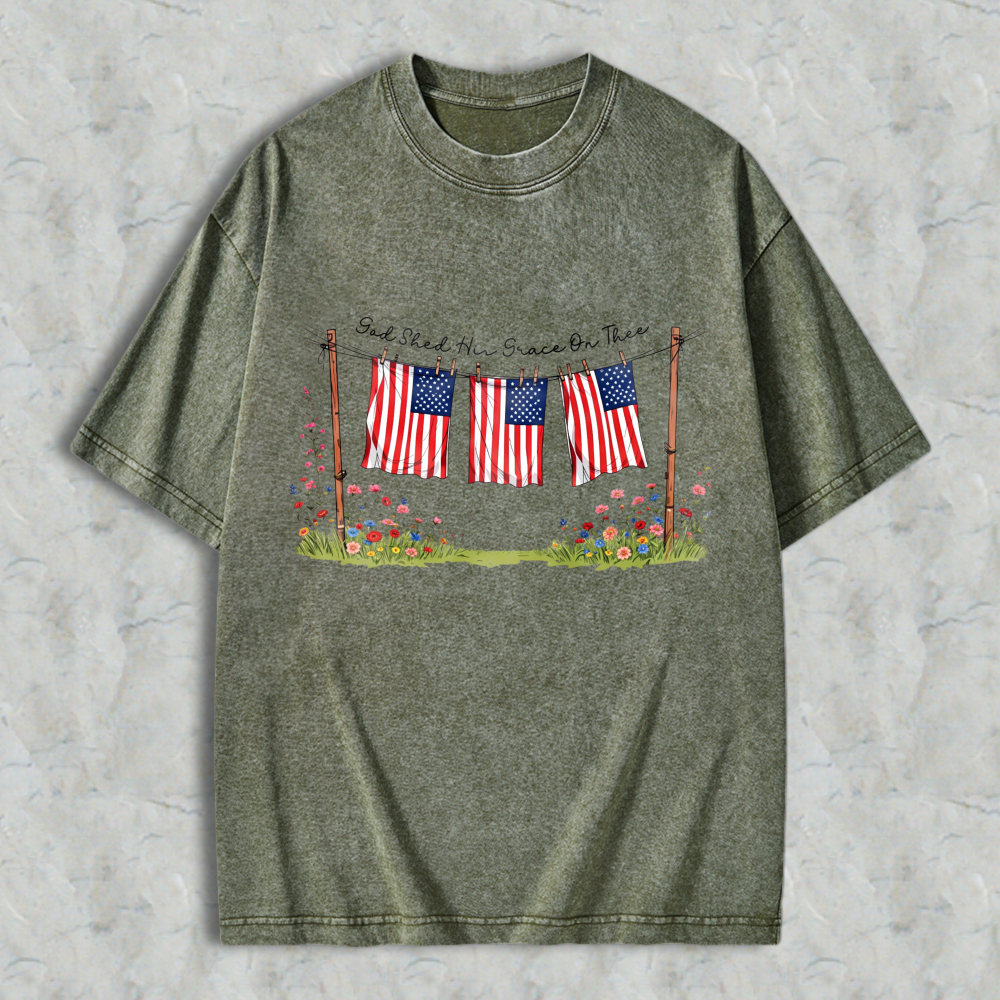 American Flag On Clothesline With Flowers And Text Washed T-shirt