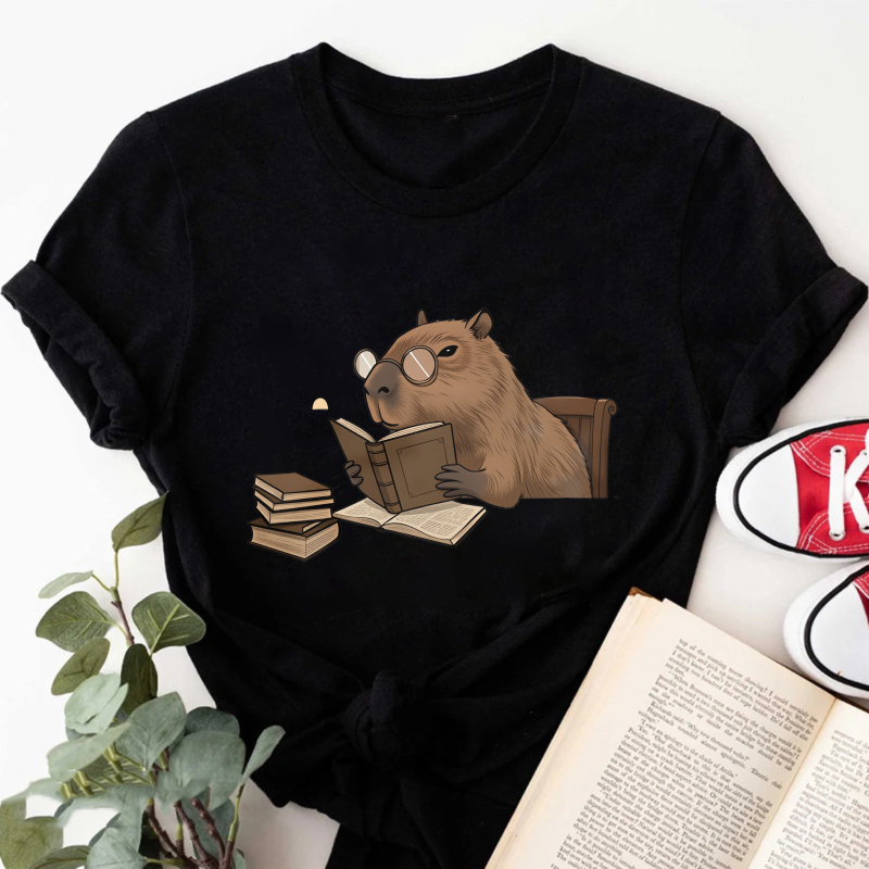 Wardrobecart Capybara Reading Book With Glasses And Stack Of Books Tshirt