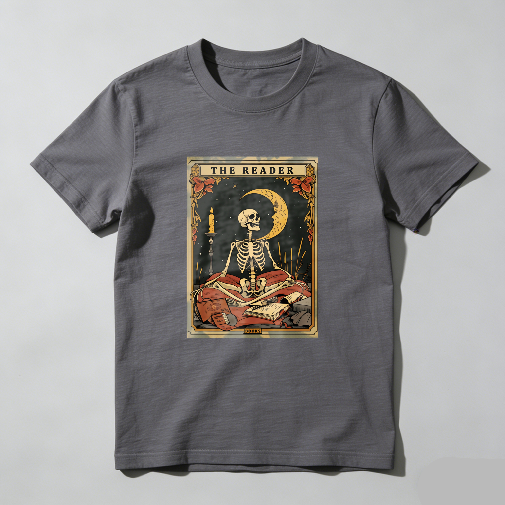 Wardrobecart The Reader Skeleton Tarot Card Design tshirt