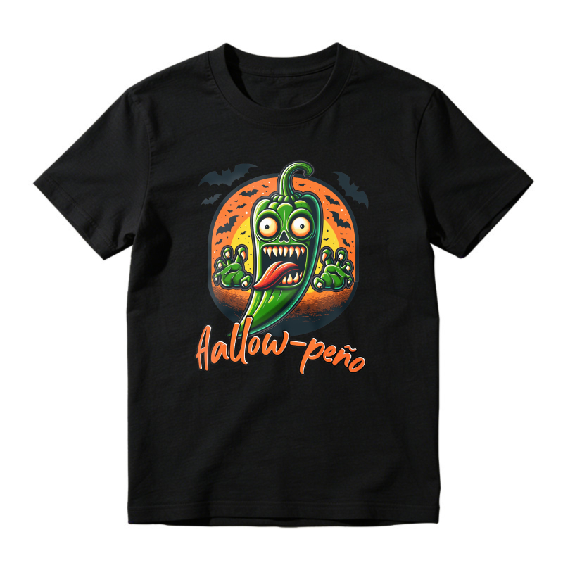 Halloween Funny Scary Green Chili Pepper With Zombie Hands And Bats Moon Background Hallow Peno Pun Unisex Classic T-shirt