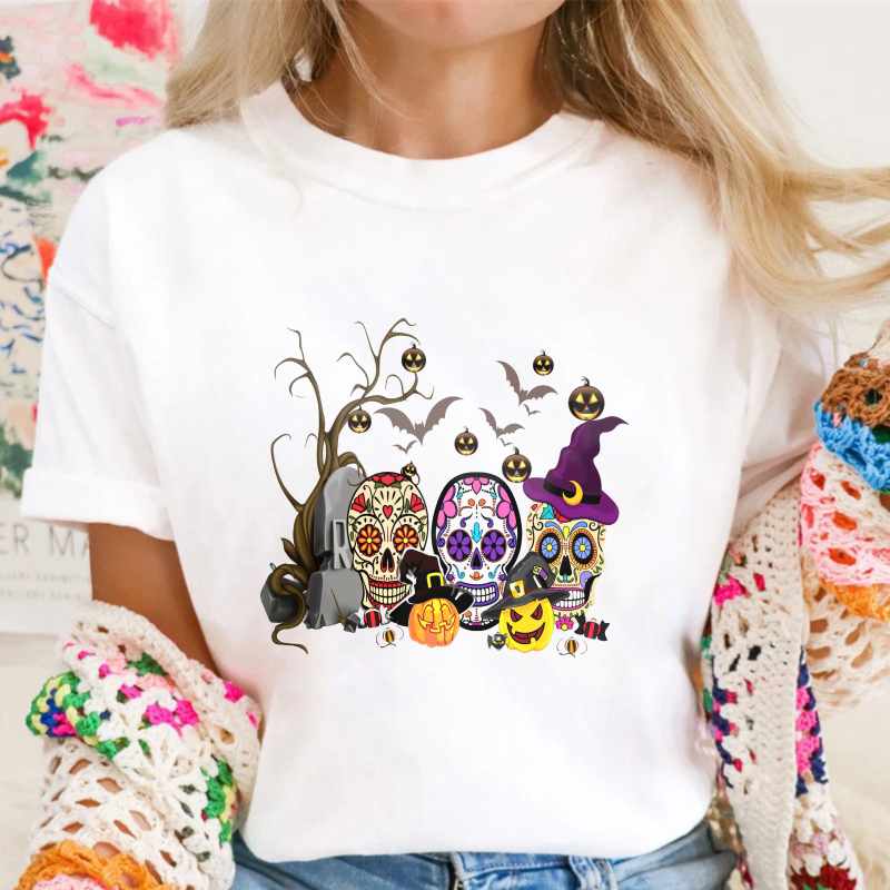 Colorful Sugar Skulls With Witch Hat Pumpkins Bats And Ghosts Halloween Day Of The Dead Unisex Classic T-shirt
