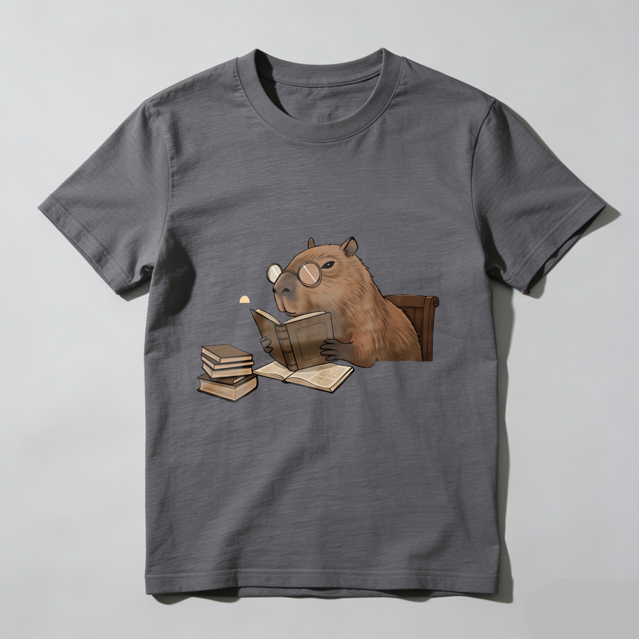 Wardrobecart Capybara Reading Book With Glasses And Stack Of Books Tshirt