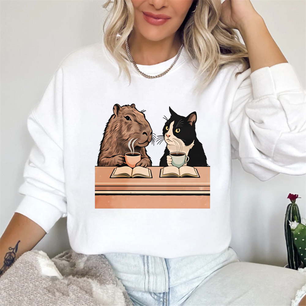 Wardrobecart Capybara And Cat Reading Books With Tea Unisex Classic Sweatshirt