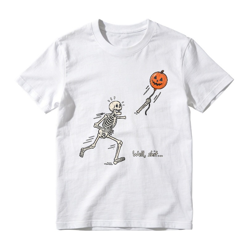 Skeleton Running From Pumpkin Balloon With Well Shit Text Unisex Classic T-shirt