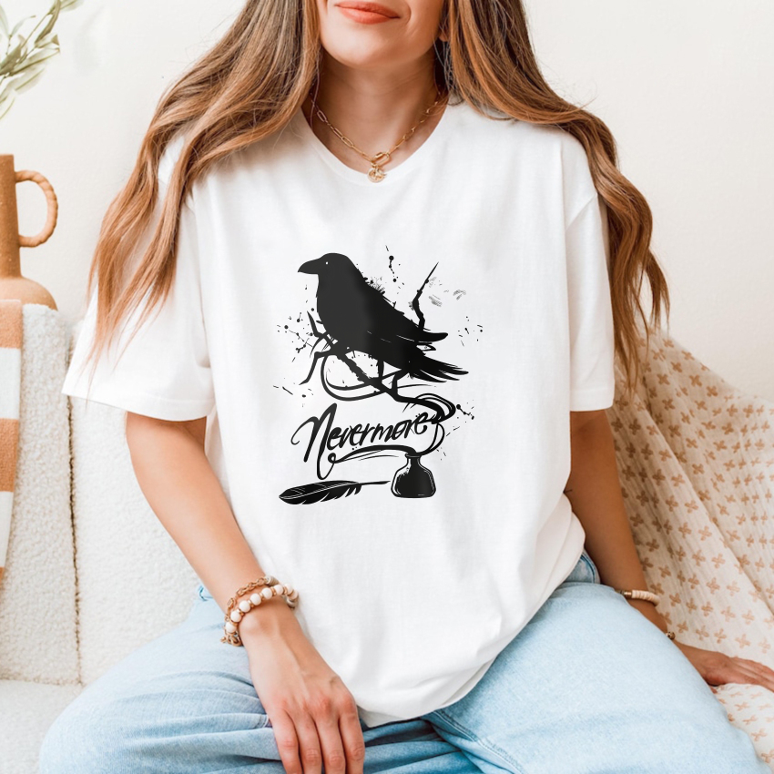 Wardrobecart White Raven Perched On Branch With Nevermore Text Tshirt