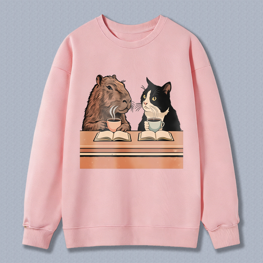 Wardrobecart Capybara And Cat Reading Books With Tea Unisex Classic Sweatshirt