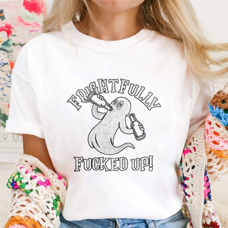 Frightfully Messed Up Ghost Holding Bottles Funny Halloween Graphic T-shirt